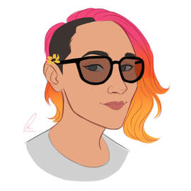 Dibujo pop art, persona blanca, cabello medio ondulado degradado de rosa a naranja neon, corte lateral en el lado izquierdo con una pequeña flor amarilla en la oreja, ojos azules, con gafas grandes y camiseta blanca